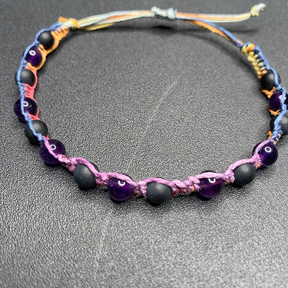 HANDMADE Natural Amethyst & Matte Black Onyx Beads with Variegated Hemp Cord